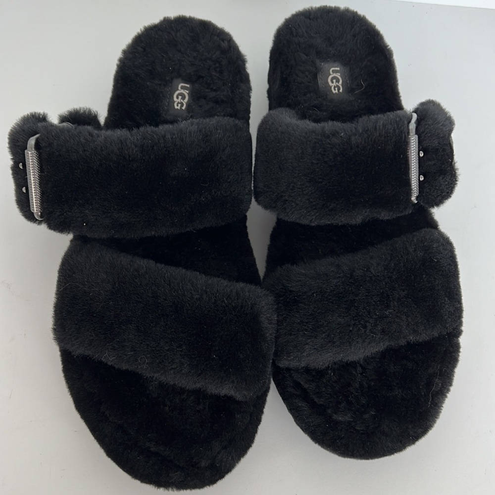 UGG Fuzz Yeah Black Furry Fur Slide Sandal - Picture 5 of 10